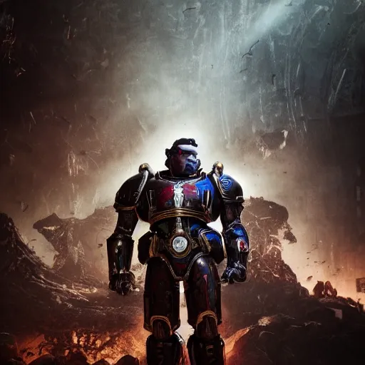 Image similar to Portrait of Robbie Lyle as the emperor of humanity from warhammer 40k in Gears of War, splash art, movie still, cinematic lighting, dramatic, octane render, long lens, shallow depth of field, bokeh, anamorphic lens flare, 8k, hyper detailed, 35mm film grain