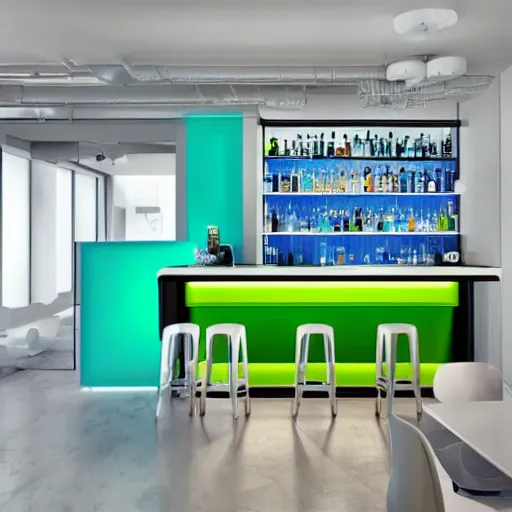 Prompt: bar in minimalist design, white colour with blue yellow and green elements, mirror's edge style