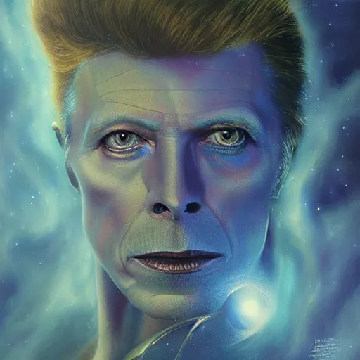 Image similar to UHD tonalism cosmic painting of David Bowie, by Antonio Caparo and Ferdinand Knab and Greg Rutkowski, UHD, photorealistic, trending on artstation, trending on deviantart