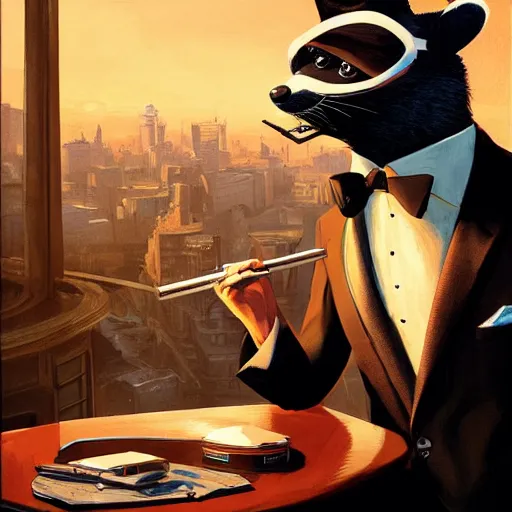 Image similar to a racoon wearing a suit smoking a cigar, dramatic lighting, cinematic, establishing shot, extremly high detail, photorealistic, cinematic lighting, artstation, style by James Gurney