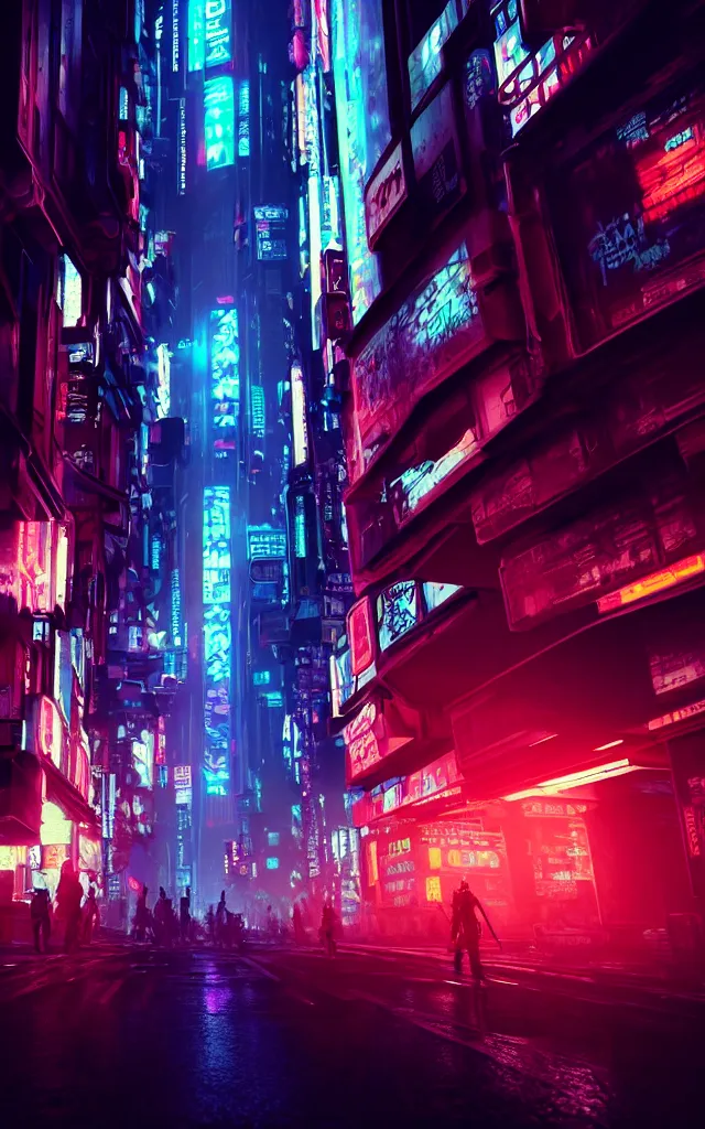 Image similar to concept art of a magnificent dark neon futuristic cyberpunk city bustling street at night cyberart by liam wong in the film akira rendered in octane, 3 d render, trending on cgsociety, blender 3 d