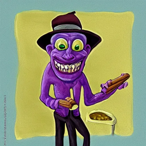 Image similar to bald purple goblin with yellow eyes, wearing a hat and a scarf, smoking a cigar, smiling, earrings, rotten teeth