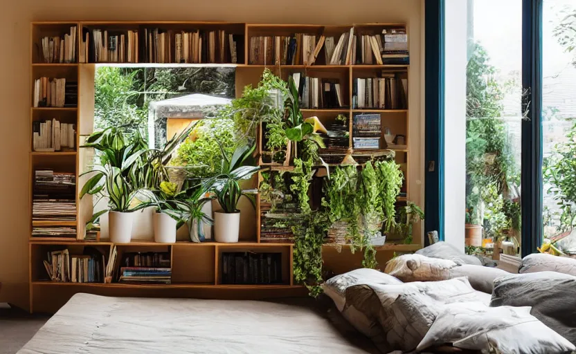 Prompt: interior design magazine photo of a big window with a wooden frame to sit on, some sandy yellow pillows, there are some books on a small integrated shelf, hanging plants, great architecture, ambient light, 8k