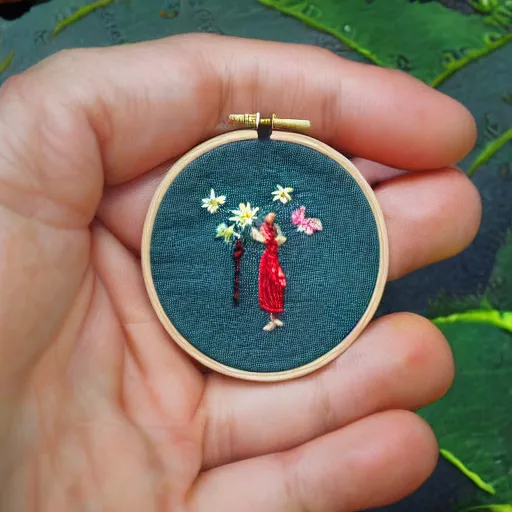 Image similar to a tiny beautiful handmade embroidery of a woman. hand embroidery.