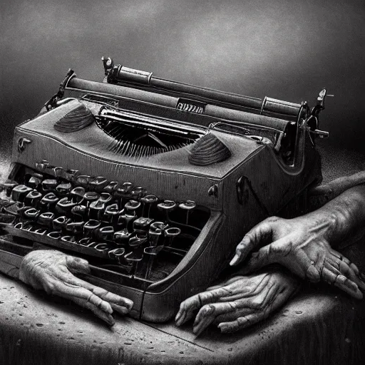 Image similar to an old lovecraft typewriter with a sheet of paper on which words in an ancient language are written, mysterious, ethereal, insanely detailed, photorealistic, dramatic lighting, professional illustration, 8 k, digital art, matte painting, by beksinski and rutkovski, artstation