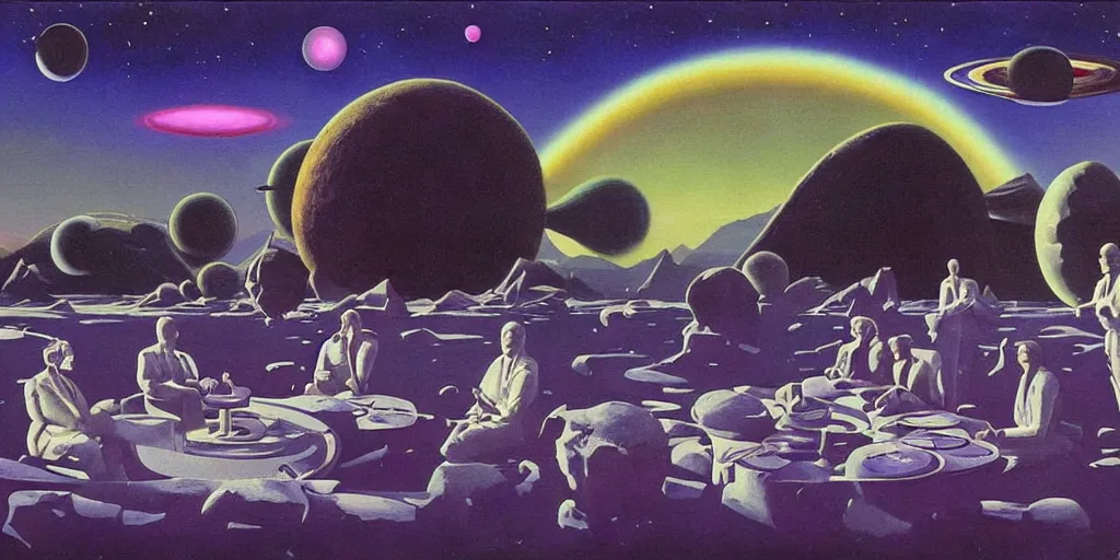 Image similar to surreal painting by chesley bonestell!!, twelve astronauts sitting by the river with a big holiday cake + psychedelic vegetation + purple, pink, blue + planets and stars + mystical fog, vintage sci - fi style of the 5 0 s, rule of the third!!!!, line graphics, 8 k, super detail, high quality