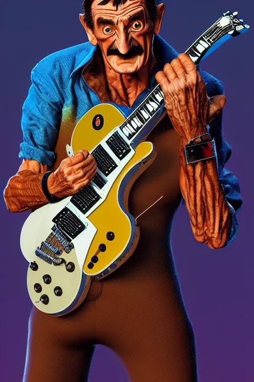 Image similar to barry chuckle ( shredding on a gibson les paul, art by frank frazetta and glenn fabry, and richard corben, 3 d rendering by beeple, 8 k )