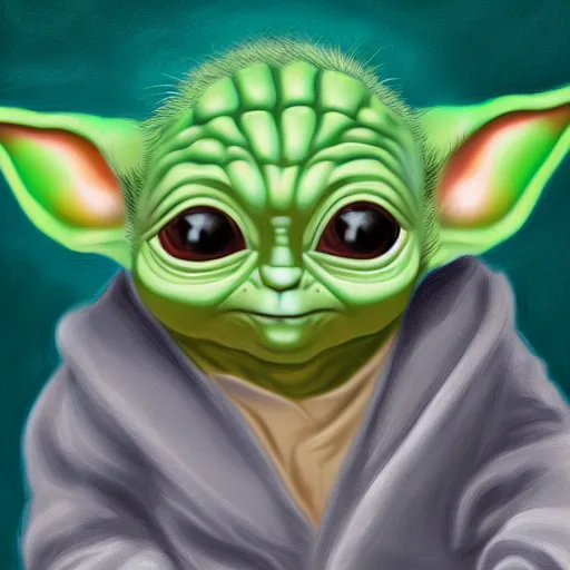 Image similar to portrait of baby yoda, highly detailed, centered, solid color background, digital painting