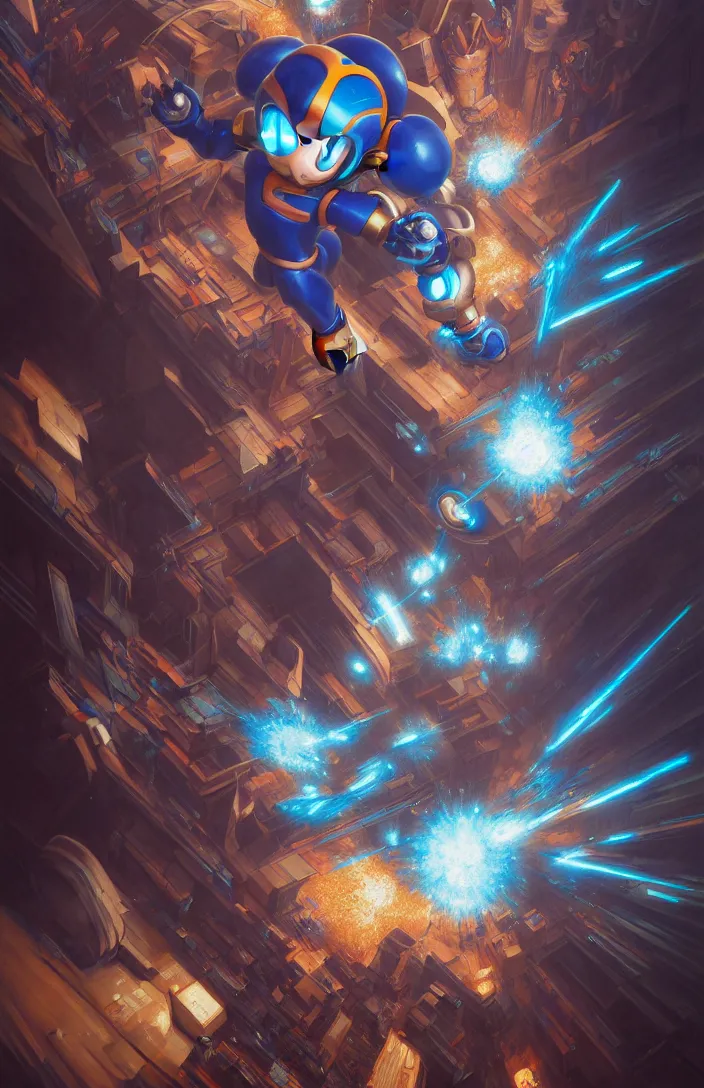 Prompt: a portrait megaman blasting through crowded office buildings walls by karol bak, james jean, tom bagshaw, rococo, sharp focus, trending on artstation, cinematic lighting, hyper realism, octane render, 8 k, hyper detailed, vivid, ultra detailed, highly detailed