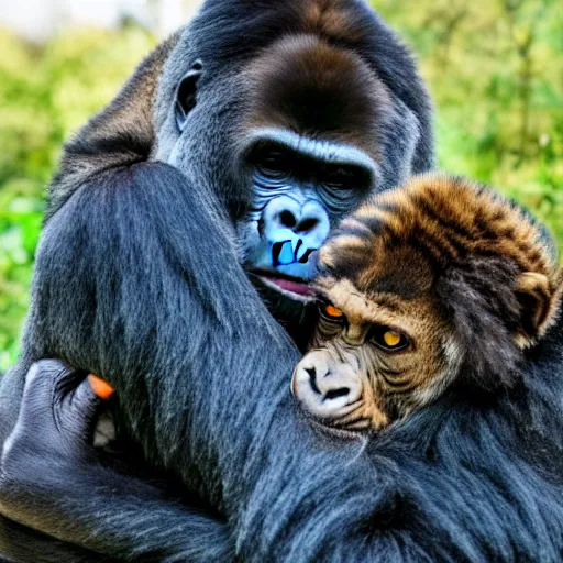 Image similar to a Gorilla hugging a Tiger