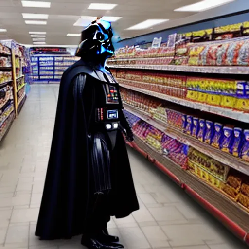 Prompt: A still of a Darth Vader shopping for groceries, 4k, photograph, photoreal, ultra realistic, highly detailed, professional lighting