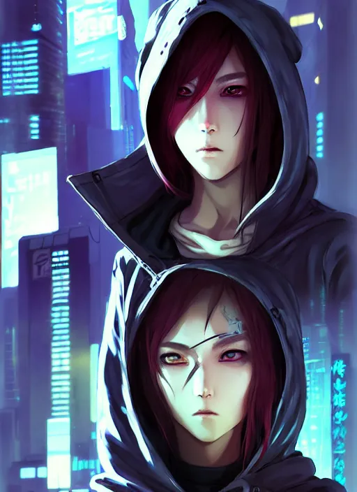 Prompt: cyberpunk anime girl in hoodie, 3 / 4 shot, street night, grafity, realistic face, beautiful face, grafity, arcane, action, tokyo street, detail, good face, pose model, concept art, in style of yoji shinkawa, pan ren wei, col price, atey ghailan, by greg rutkowski, aesthetic