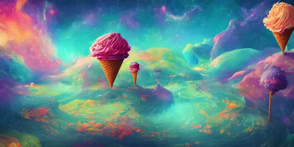 Prompt: a colorful world made of ice cream, candy, cake, dreamy, fantasy, beautiful galaxy, picturesque, digital art, award-winning