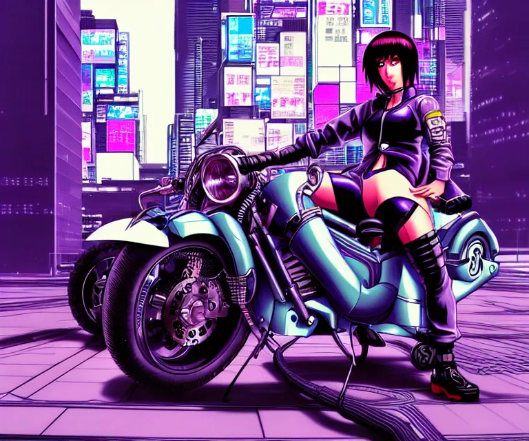 Image similar to motoko kusanagi riding a cyberpunk vehicle in a grungy cyberpunk megacity, bosozoku gang war, cyberpunk vaporwave, by phil jimenez, artgerm, sola digital arts, anti aliasing, raytracing