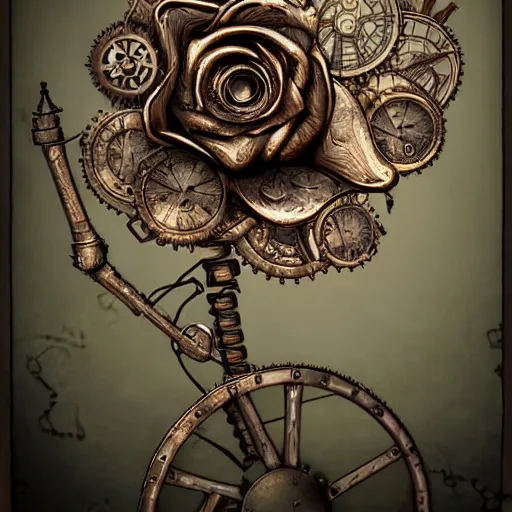 Image similar to giant mechanical rose, steampunk, fantasy art, sky, detailed, behrens style