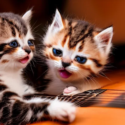 Image similar to an amazing award winning photo of kittens playing guitar, very detailed and sharp, 4k hdr, masterpiece