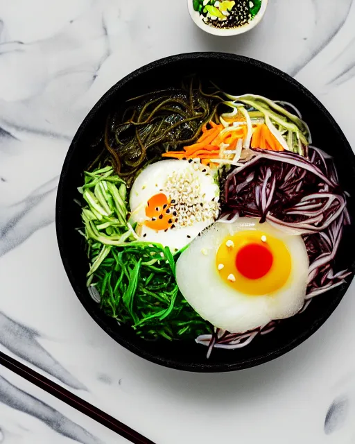 Prompt: realistic photo of delicious bimbimbap, bowl, white kitchen table, cloth, onion, greenery, marble, highly detailed, by louise lister, sara ali, mary devinat, kailee mandel, masterpiece, award winning, food photography