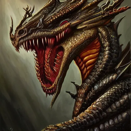 Image similar to dragon character concept portrait, profile picture, eldritch abomination, oil painting, cinematic, intricate complexity, rule of thirds, in the style of Adam Paquette, Svetlin Velinov, Daarken, Artgerm, Keith Thompson, and Eric Deschamps, face by Artgerm and WLOP, magic the gathering art