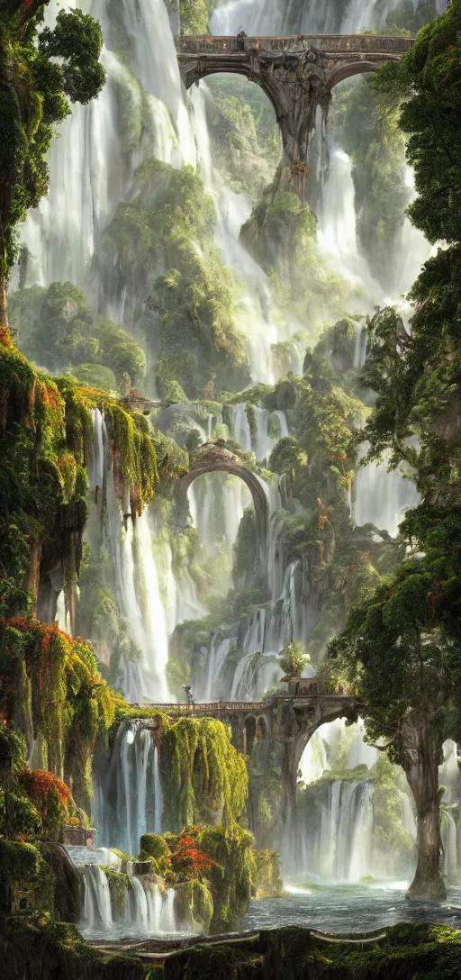 Prompt: a gigantic PALACE made of CRYSTAL stone with arches and bridge on top of a WATERFALL in the fall , gnarly trees, lush vegetation, a small stream runs beneath the waterfall, landscape, raphael lacoste, eddie mendoza, alex ross, concept art, matte painting, highly detailed, rule of thirds, dynamic lighting, cinematic, detailed, denoised, centerd