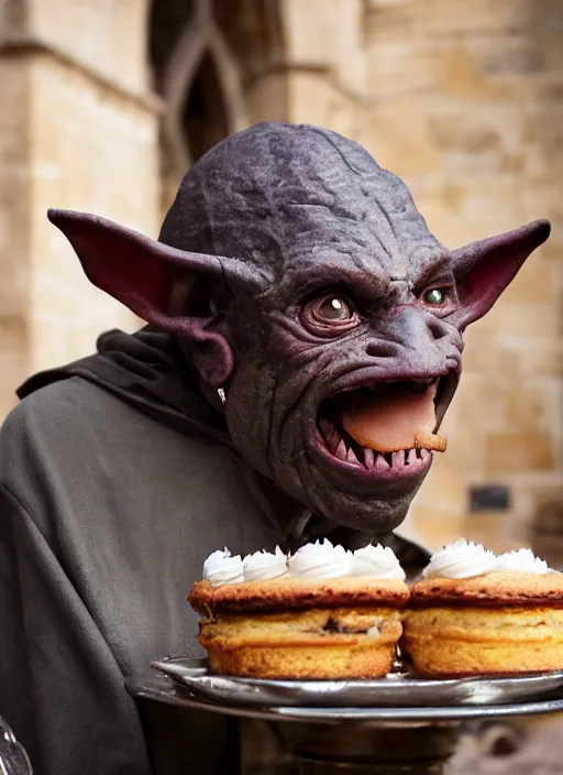 Image similar to closeup profile face portrait of a medieval goblin eating cakes in the cloisters, depth of field, zeiss lens, detailed, symmetrical, centered, fashion photoshoot, by annie leibovitz and steve mccurry, david lazar, jimmy nelsson, breathtaking, 8 k resolution, extremely detailed, beautiful, establishing shot, artistic, hyperrealistic, beautiful face, octane render