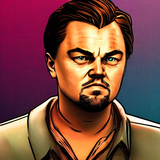 Image similar to leonardo dicaprio portrait, borderlands, tales from the borderlands, the wolf among us, comic, cinematic lighting, studio quality, 8 k