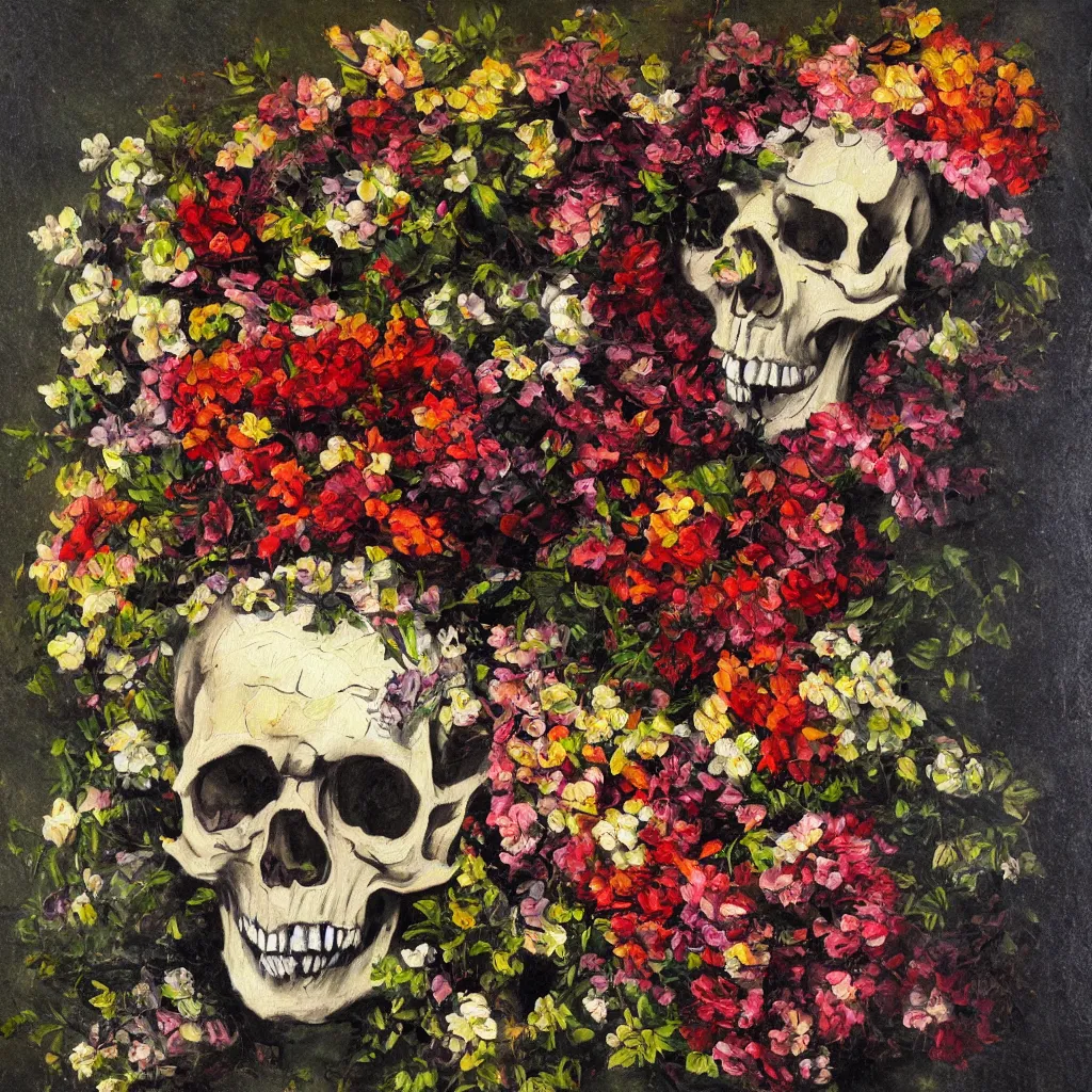 Prompt: Skull from which blooms many vines and blossoms, dramatic light, painted in the style of the old masters, painterly, thick heavy impasto, expressive impressionist style, painted with a palette knife