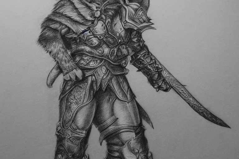 Image similar to a pencil drawing of a wolf, full body, D&D, armor, made by by Pen Tacula