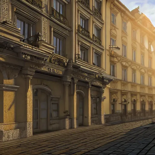 Image similar to lviv building facade highly detailed, photo, artstation, 3 d render, sharp focus, art by tokiolab and alphonse mucha, 8 k, ultra realistic, lens flare, glow, soft lighting, hyperrealistic, unreal engine