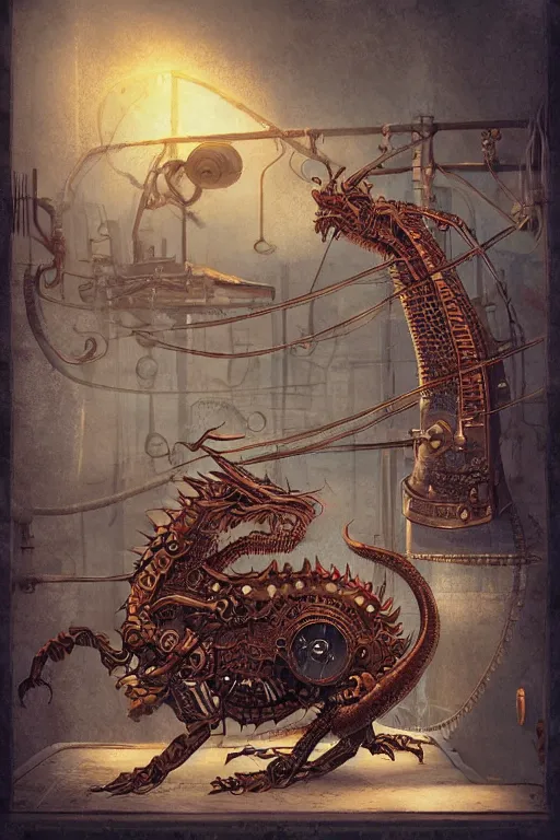 Image similar to illustration, old sick gold and crimsoned scaled asian style dragon on a steam punk plank of machinery with wires and gears and steam punk apparatus, matte painting, style of studio ghibli, featured in artstation and artgerm and pixiv, award winning, cinematic, intricate, 8 k