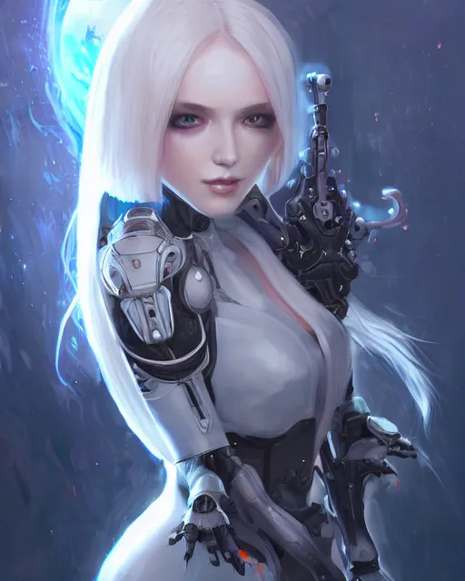 Image similar to holy cyborg necromancer girl, elegant, perfect face, scifi, futuristic, utopia, garden, illustration, atmosphere, warframe, blue eyes, white hair, artstation, nier automata, highly detailed, art by yuhong ding and chengwei pan and serafleur and ina wong