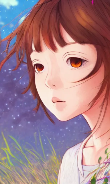 Image similar to a colorful scene of a girl with brown hair, anime, detailed background, female, portrait, trending on artstation, by studio ghibli