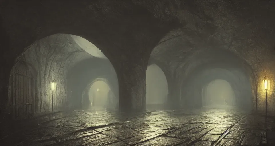 Image similar to a beautiful landscape painting, a single lane tunnel with overhead lights, water running down the walls, haunted, spooky, scary, by sam guay, moody lighting, hyperrealism, 4 k, octane render