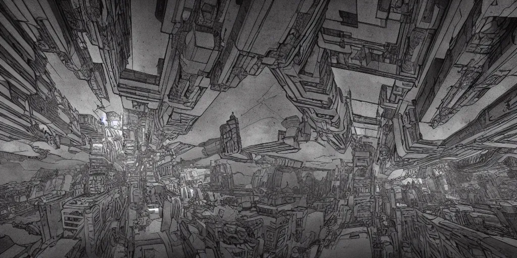 Prompt: inception lovecraft city carved from rock underground another inverted upside down above, in the style of akira, cinematic warm volumetric lighting