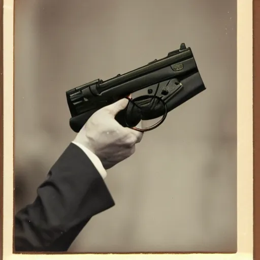 Prompt: stereoscopic card photograph of a live joe biden holding a gun