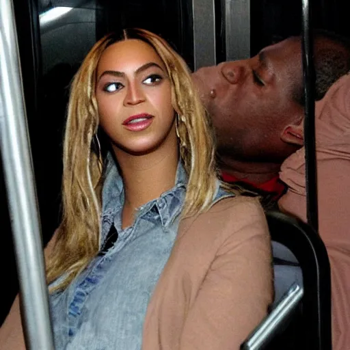 Prompt: beyonce asleep riding the subway late at night