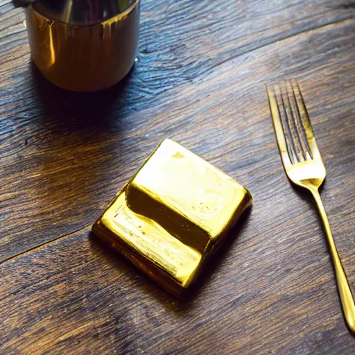 Image similar to a solid gold bar on a cafe table on a sunny day, f / 1. 9 6. 8 1 mm iso 4 0