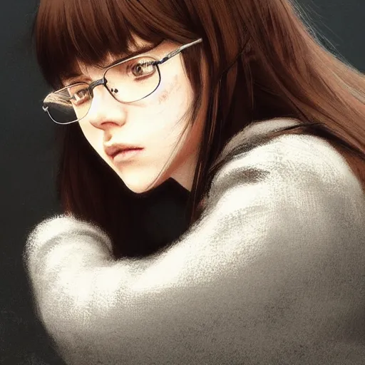 Prompt: portrait of a teenage girl with bangs, long brown hair and bangs, round silver glasses with thin rims, wearing an oversized sweater, dramatic lighting, anime illustration by Greg rutkowski, yoji shinkawa, 4k, digital art, concept art, trending on artstation, アニメ, featured on pixiv