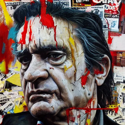 Image similar to hyperrealistic, photorealistic, mixed media oil painting of johnny cash, magazine scraps, plaster, blood, oil, mustard, cigarettes, splatter, trending on artstation, award - winning painting, greg rutkowski, basquiat, ralph steadman, terry gilliam