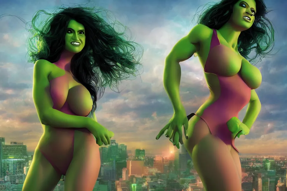 Prompt: The She-Hulk Centerfold Playboy Magazine, beautiful aesthetic, photorealistic, volumetric lighting, hyperrealistic, octane render, HDR, photorealistic, bokeh