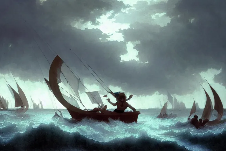 Image similar to ancient historically accurate depiction of Bible Character walking on water during a storm, a small fishing sailboat with scared sailors on board, dramatic lighting by frank miller, illustration by Ruan Jia and Mandy Jurgens and William-Adolphe Bouguereau, Artgerm, 4k, digital art, surreal, space dandy style, highly detailed, godsend, artstation, digital painting, concept art, smooth, sharp focus, illustration by Ruan Jia and Mandy Jurgens and William-Adolphe Bouguereau, Artgerm