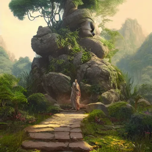 Image similar to concept art of a jungle path with a huge stone woman statue, religious, in the style of fenghua zhong and ruan jia and jeremy lipking and peter mohrbacher, mystical colors, rim light, beautiful lighting, 8 k, stunning scene, raytracing, octane, trending on artstation