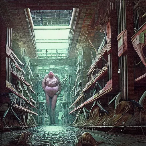 Prompt: paul blart as a mall made out of flesh, highly detailed, environment art, body horror, biopunk, by zdzisław beksinski, peter gric, marco mazzoni