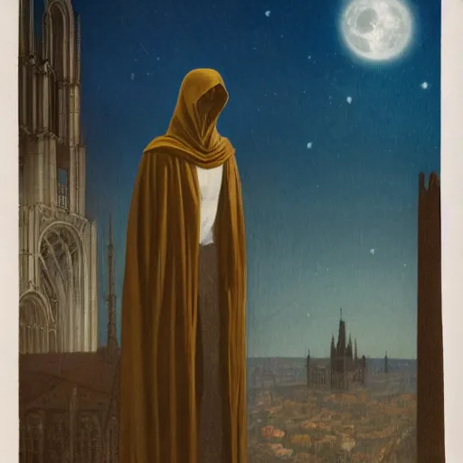 Prompt: A lone hooded figure standing on top of a colossal gothic building. In the sky a full moon and raining blue comets; arstation, book cover