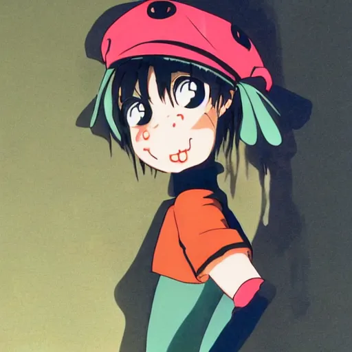 Image similar to anime girl with very large beret, beret over eye, cel - shading, 2 0 0 1 anime, flcl, jet set radio future, golden hour, underground facility, underground tunnel, pipes, rollerbladers, rollerskaters, cel - shaded, strong shadows, vivid hues, y 2 k aesthetic