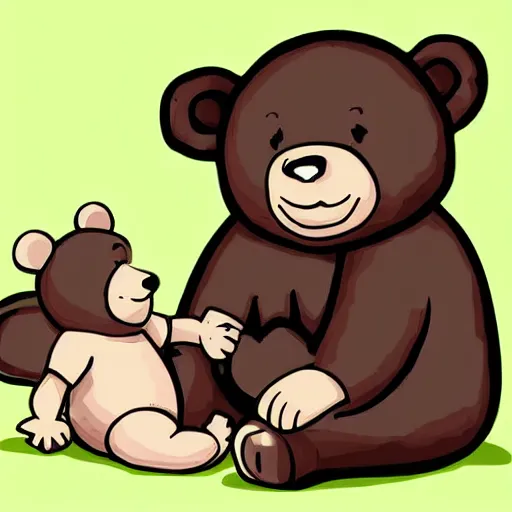 Image similar to bear playing with a baby human doll. cartoon. digital art. high quality. high fidelity