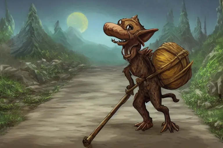 Image similar to a lone d & d kobold, traveling long dirt road, carrying a bindle on a stick, fantasy setting, 4 k, digital art