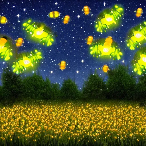 Prompt: realistic field of lit up fireflies, swarm, floral, nighttime, wide shot