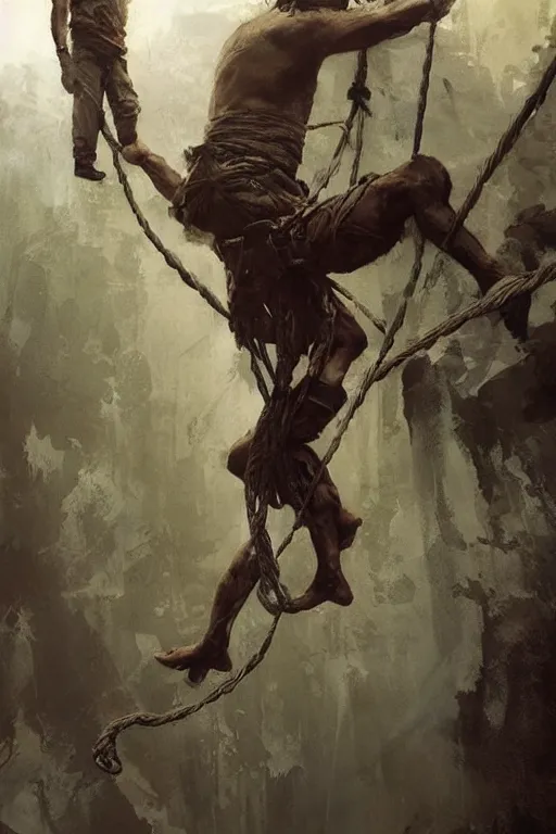 Image similar to “ gilliver ’ s travels ” man tied down by ropes, by greg rutkowski, artgerm, craig mullins, alan lee