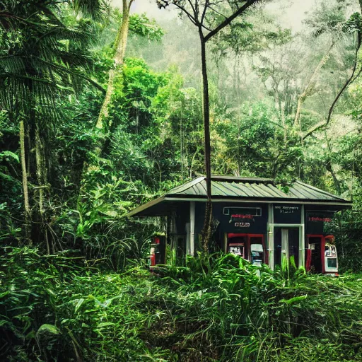 Prompt: An old Gas station in a dense jungle