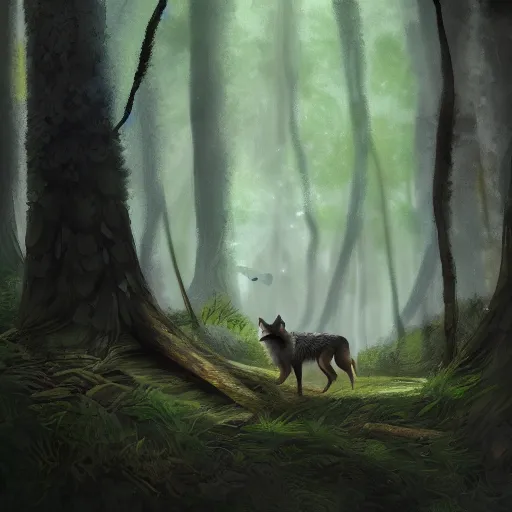 Image similar to a woodland druid in a forest with a wolf bird and racoon, photorealistic, in the style of greg rutkowski, digital painting